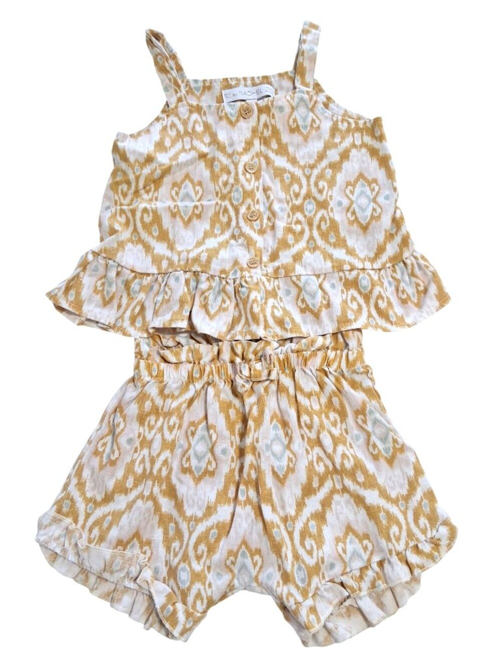 Rachel Zoe Girls 2-Piece Yellow & White Ikat Print Ruffle Top And Shorts 4T